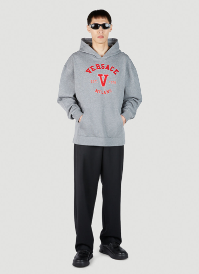 Shop Versace Men Varsity Logo Patch Hooded Sweatshirt In Gray