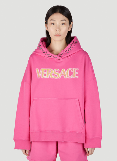 Shop Versace Women Logo Embroidered Hooded Sweatshirt In Pink