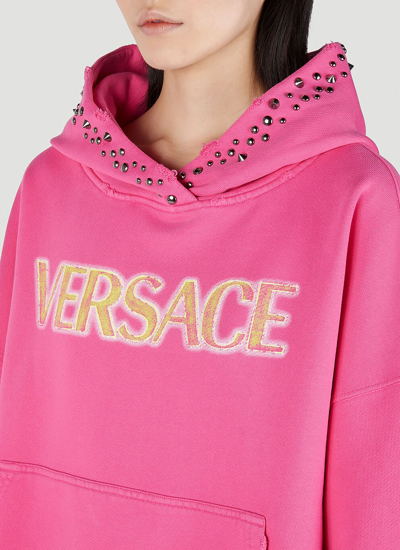 Shop Versace Women Logo Embroidered Hooded Sweatshirt In Pink