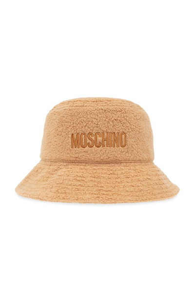 Shop Moschino Logo Embroidered Fleece Bucket Hat In Brown