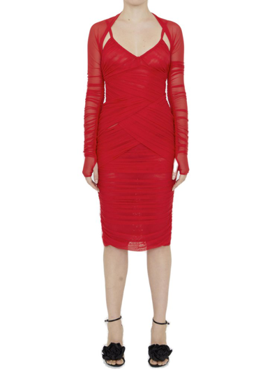 Shop Dolce & Gabbana Tulle Draped Long In Red