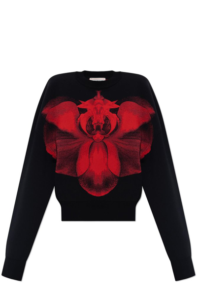 Shop Alexander Mcqueen Orchid Print Crewneck Sweatshirt In Black