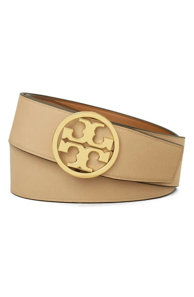 Shop Tory Burch Miller Reversible Leather Belt In Earthy Cane / Kobicha / Gold