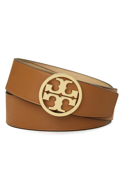 Shop Tory Burch Miller Reversible Leather Belt In Earthy Cane / Kobicha / Gold