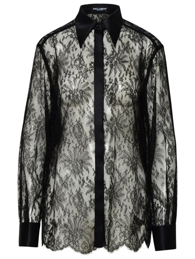 Shop Dolce & Gabbana Satin Detailed Chantilly Lace Shirt In Black