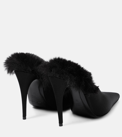 Shop Magda Butrym Faux Fur-trimmed Satin Mules In Black