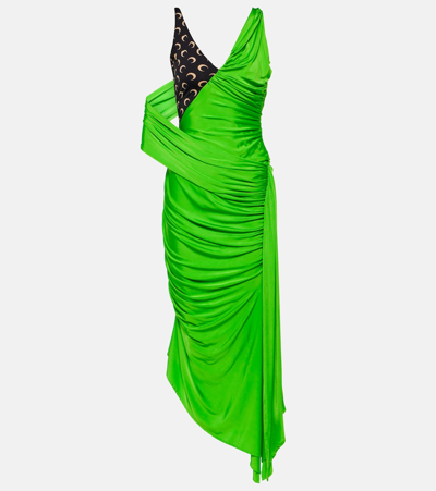 Shop Marine Serre Printed Ruched Jersey Midi Dress In Green