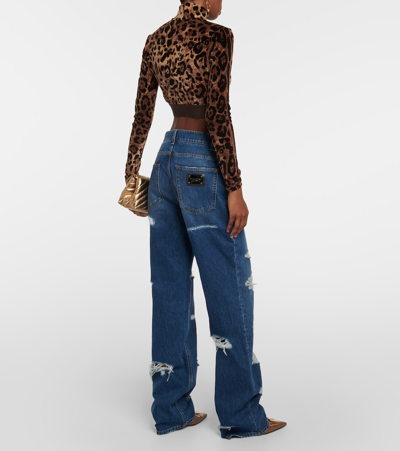 Shop Dolce & Gabbana Jacquard Leopard-print Cropped Top In Brown