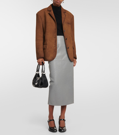Shop Prada High-rise Leather Pencil Skirt In Blue
