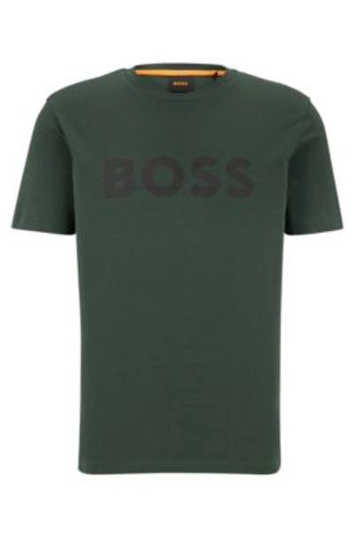 Shop Hugo Boss Cotton-jersey T-shirt With Rubber-print Logo In Dark Green