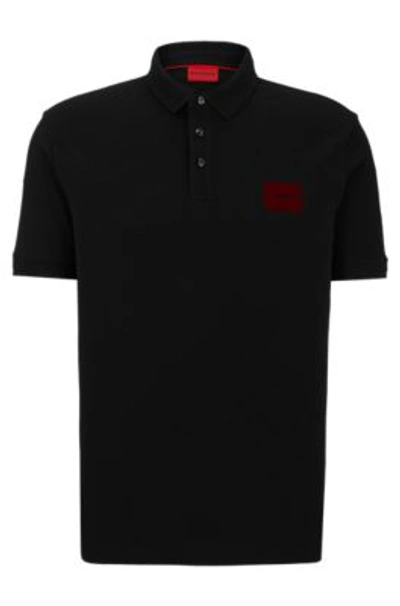 Shop Hugo Cotton-piqu Polo Shirt With Metallic-effect Logo In Black