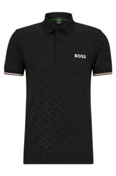 Shop Hugo Boss Boss X Matteo Berrettini Slim-fit Polo Shirt With Monograms In Black