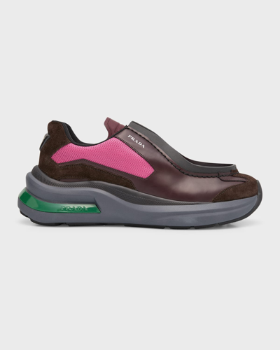 Prada Brushed Leather Sneakers With Bike Fabric And Suede Elements In  Multicolour | ModeSens
