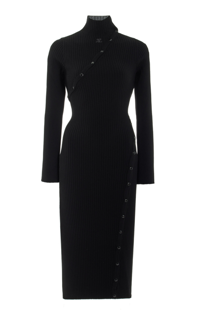 Shop Courrèges Buttoned Ribbed Knit Midi Dress In Black