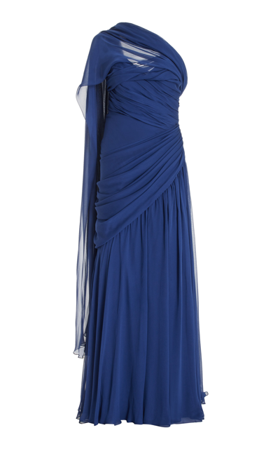 Shop Pamella Roland Exclusive One-shoulder Silk-chiffon Gown In Navy