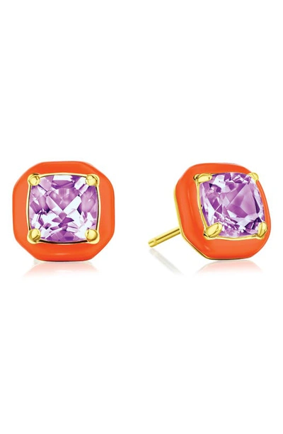 Shop House Of Frosted Orange Enamel & Blue Topaz Stud Earrings In Orange/purple