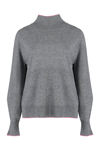 Shop Pinko Highneck Puff Sleeves Knit Sweater In Grey