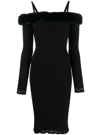 Shop Blumarine Faux Fur Neck Midi Dress In Black