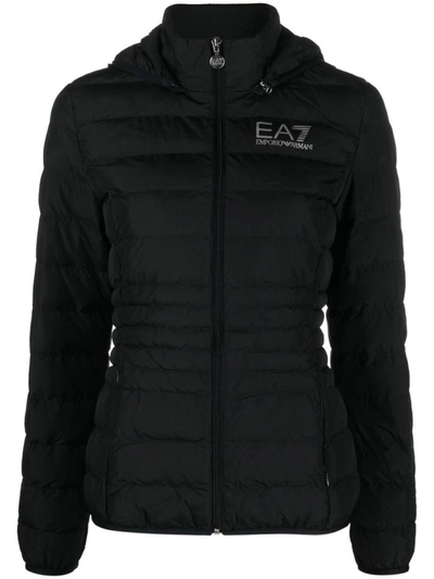 Shop Ea7 Hooded Down Jacket In Black
