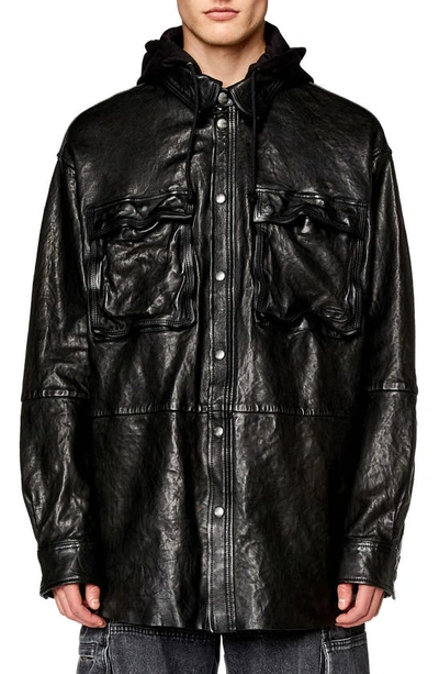 Shop Diesel L-sphinx Double Hood Leather Jacket In Black