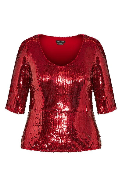 Shop City Chic Sequin Peplum Top In Crimson