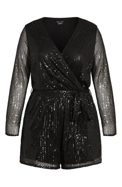 Shop City Chic Sequin Long Sleeve Romper In Black
