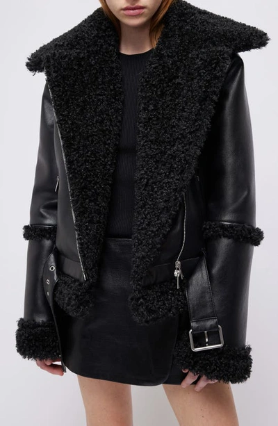 Shop Simkhai Charleston Faux Leather & Faux Shearling Moto Jacket In Black