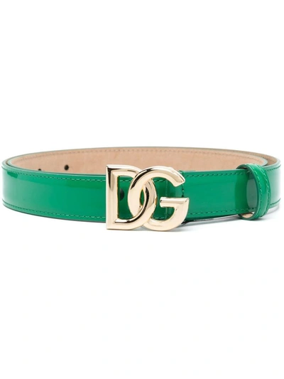 Shop Dolce & Gabbana Patent Leather Belt With Logo Plaque In Green