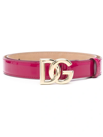 Shop Dolce & Gabbana Patent Leather Belt With Logo Plaque In Pink &amp; Purple