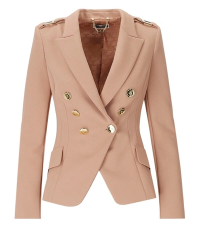 Shop Elisabetta Franchi Nude Double Breasted Blazer With Logo In Pink