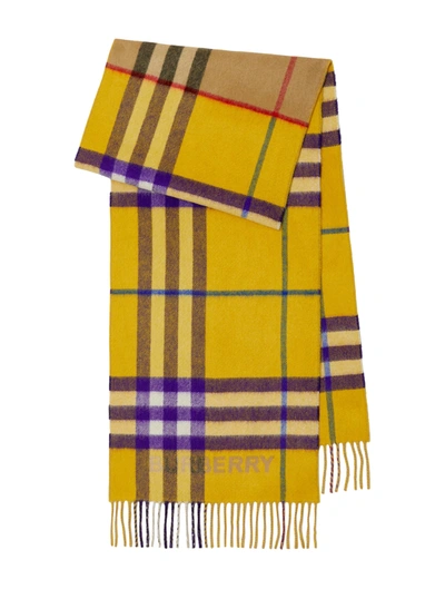 Shop Burberry Cashmere Scarf With Contrasting Check Motifs In Yellow & Orange