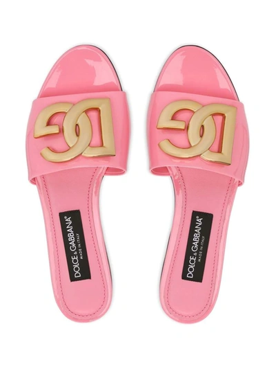 Shop Dolce & Gabbana Slide Sandals With Logo Plaque In Pink &amp; Purple