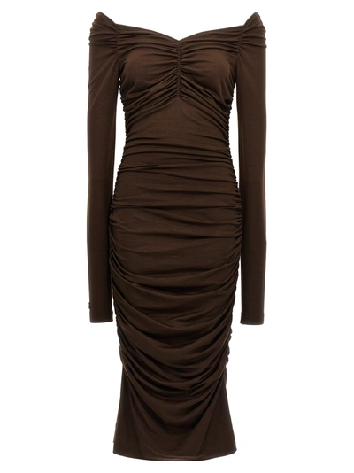 Shop Dolce & Gabbana Draped Knit Dress Dresses Brown