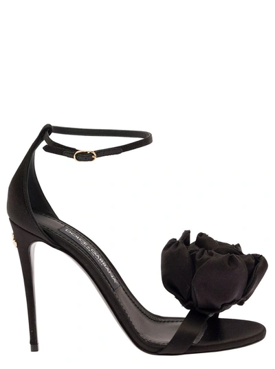 Shop Dolce & Gabbana Black Sandals With Tonal Flowers In Satin Woman