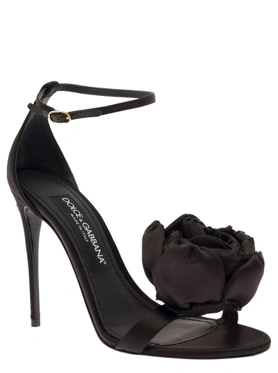 Shop Dolce & Gabbana Black Sandals With Tonal Flowers In Satin Woman