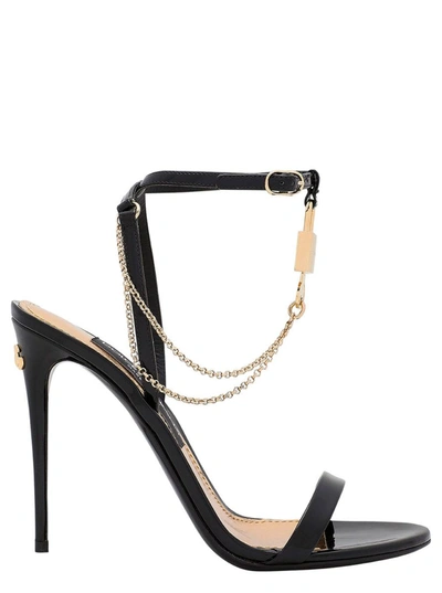 Shop Dolce & Gabbana Black Sandals With Padlock And Logo Detail In Patent Leather Woman
