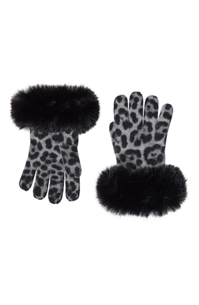 Shop Sofia Cashmere Leopard Print Cashmere Knit Gloves With Faux Fur Cuffs In Grey