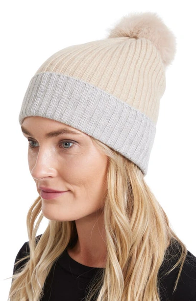 Shop Sofia Cashmere Ribbed Cashmere Knit Beanie With Faux Fur Pompom In Oatmeal/ Grey