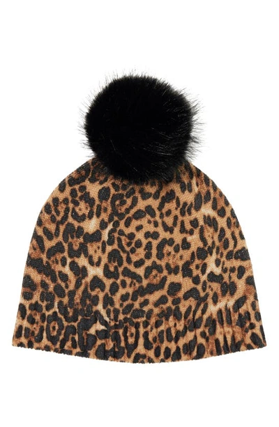 Shop Sofia Cashmere Faux Fur Pom Cashmere Lurex Knit Beanie In Camel Leopard