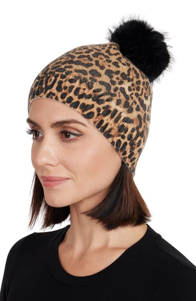 Shop Sofia Cashmere Faux Fur Pom Cashmere Lurex Knit Beanie In Camel Leopard