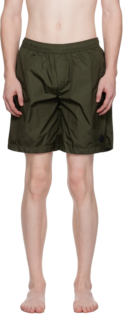 Shop Moncler Green Patch Swim Shorts In 835 Olive Green