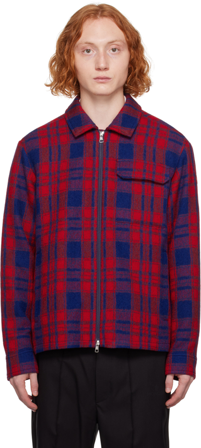 Shop Moncler Red Plaid Shirt In F47 Check Blue & Red