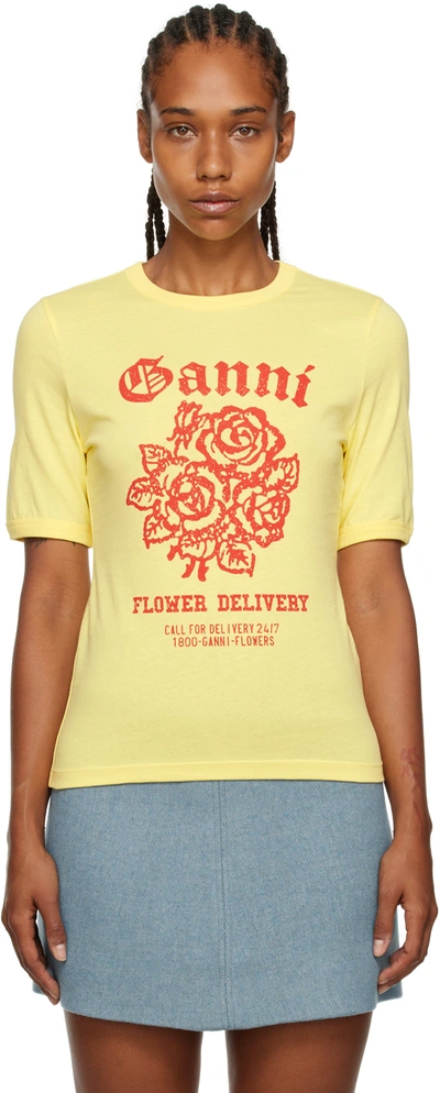 Shop Ganni Yellow Printed T-shirt In 768 Yellow Cream