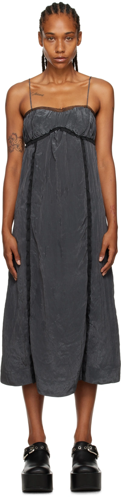 Shop Ganni Gray Shiny Midi Dress In 016 Gray Pinstripe