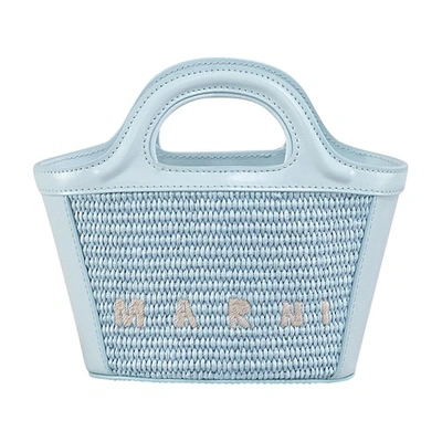 Shop Marni Tropicalia Micro Bag In Leather And Raffia In Lightblue