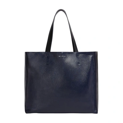 Shop Marni Museo Tote Bag In Leather In Navyblue_black