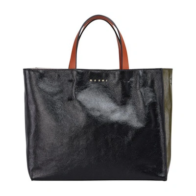 Shop Marni Museo Tote Bag In Tumbled Leather In Black_mosstone_tile