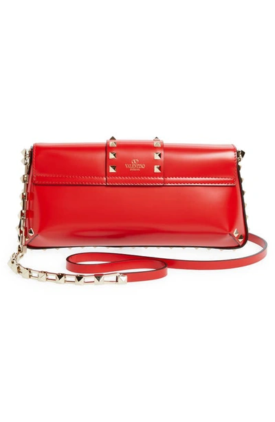 Shop Valentino Small Rockstud Flap Leather Clutch In Ju5 Rouge Pur