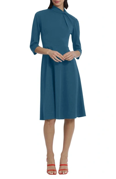 Shop Donna Morgan For Maggy Twist Collar Fit & Flare Dress In Deep Lagoon