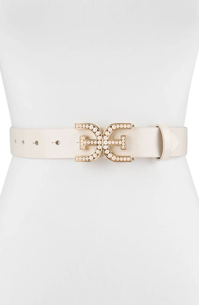 Shop Sam Edelman Imitation Pearl Logo Plaque Belt In Ivory